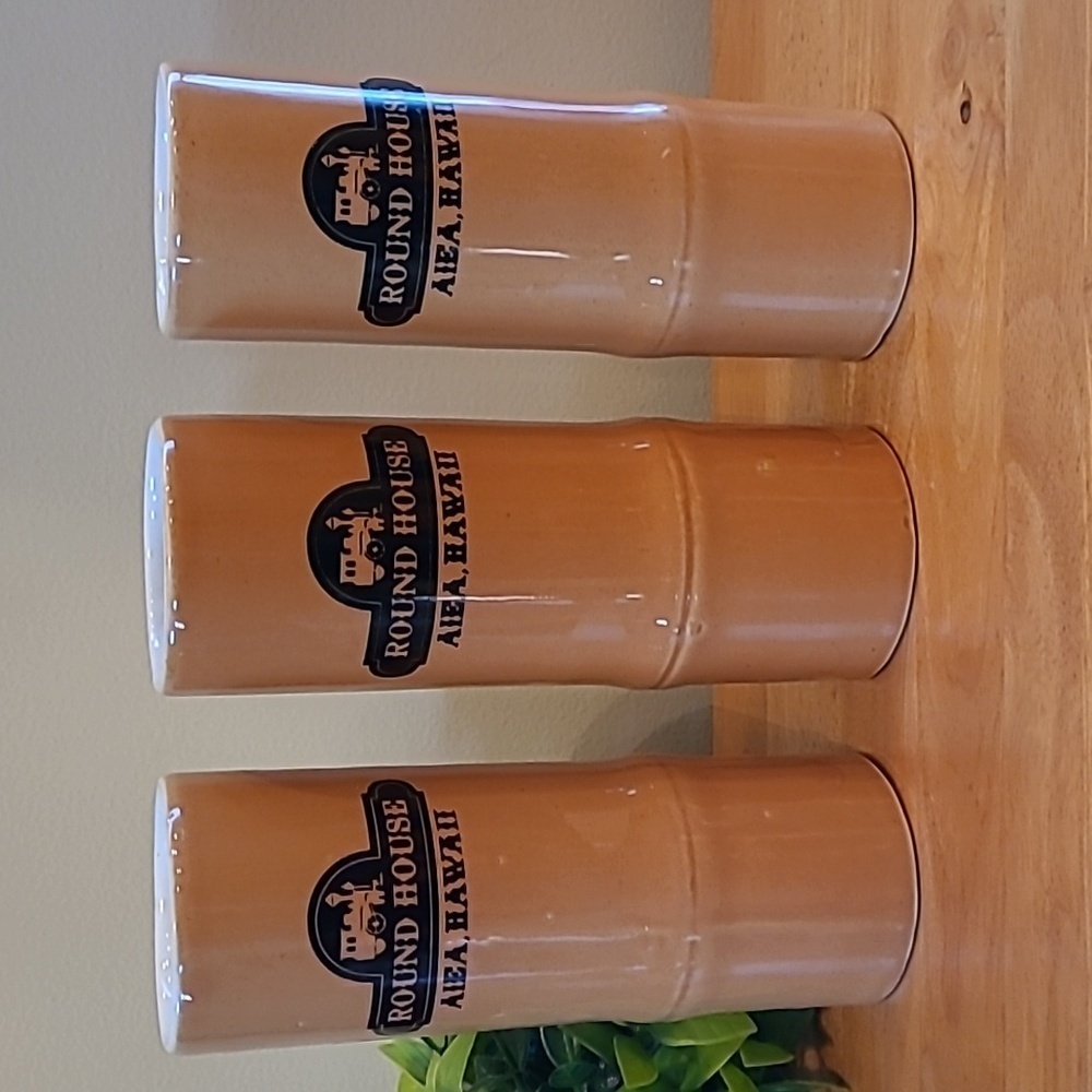 VINTAGE Round House Restaurant Aiea Hawaii Ceramic Bamboo Tiki Mugs